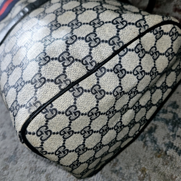 GUCCI BOSTON BAG VINTAGE SHERRY LINE GG SUPREME CANVAS NAVY RED UNISEX - Picture 7 of 13